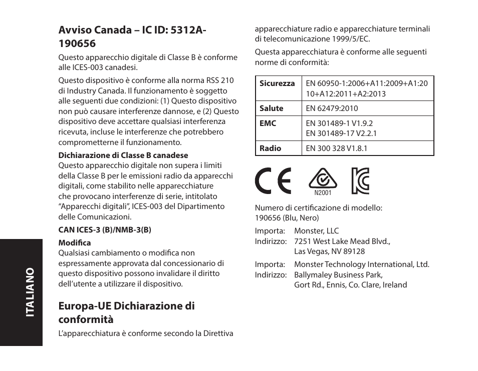 Europa-ue dichiarazione di conformità, It aliano | Monster iSport Bluetooth Wireless In Ear Sport Headphones User Manual | Page 80 / 232