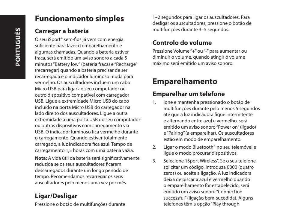 Funcionamento simples, Emparelhamento | Monster iSport Bluetooth Wireless In Ear Sport Headphones User Manual | Page 90 / 232
