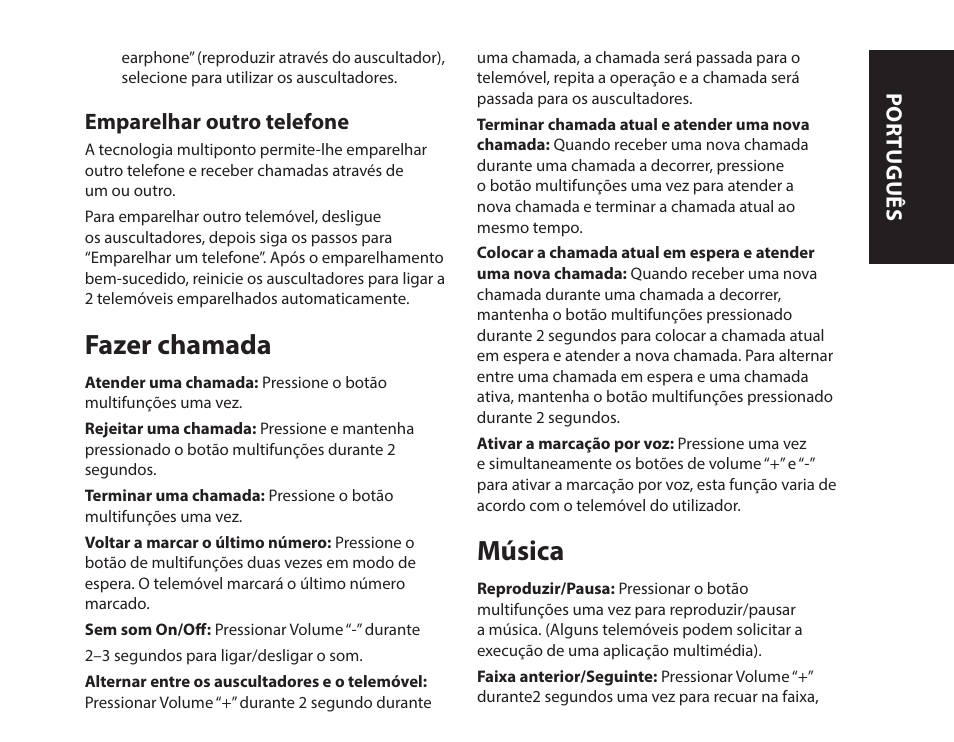 Fazer chamada, Música | Monster iSport Bluetooth Wireless In Ear Sport Headphones User Manual | Page 91 / 232