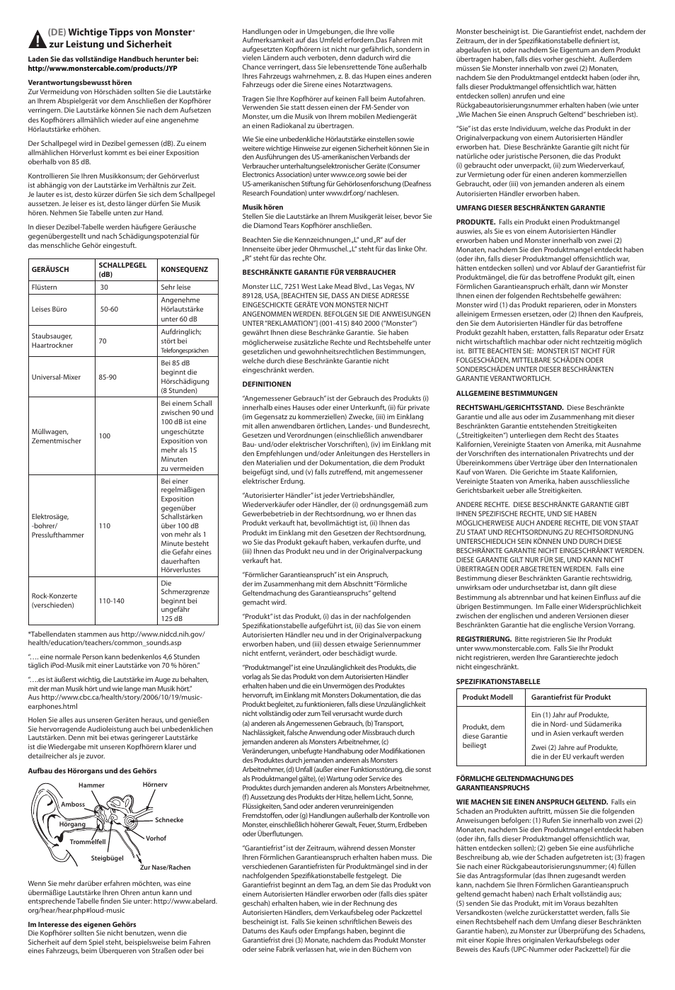 De) wichtige tipps von monster, Zur leistung und sicherheit | Monster Diamond Tears Edge On-Ear Headphones User Manual | Page 4 / 16