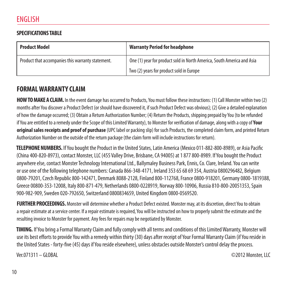 English, Formal warranty claim | Monster NCredible NTune User Manual | Page 10 / 114