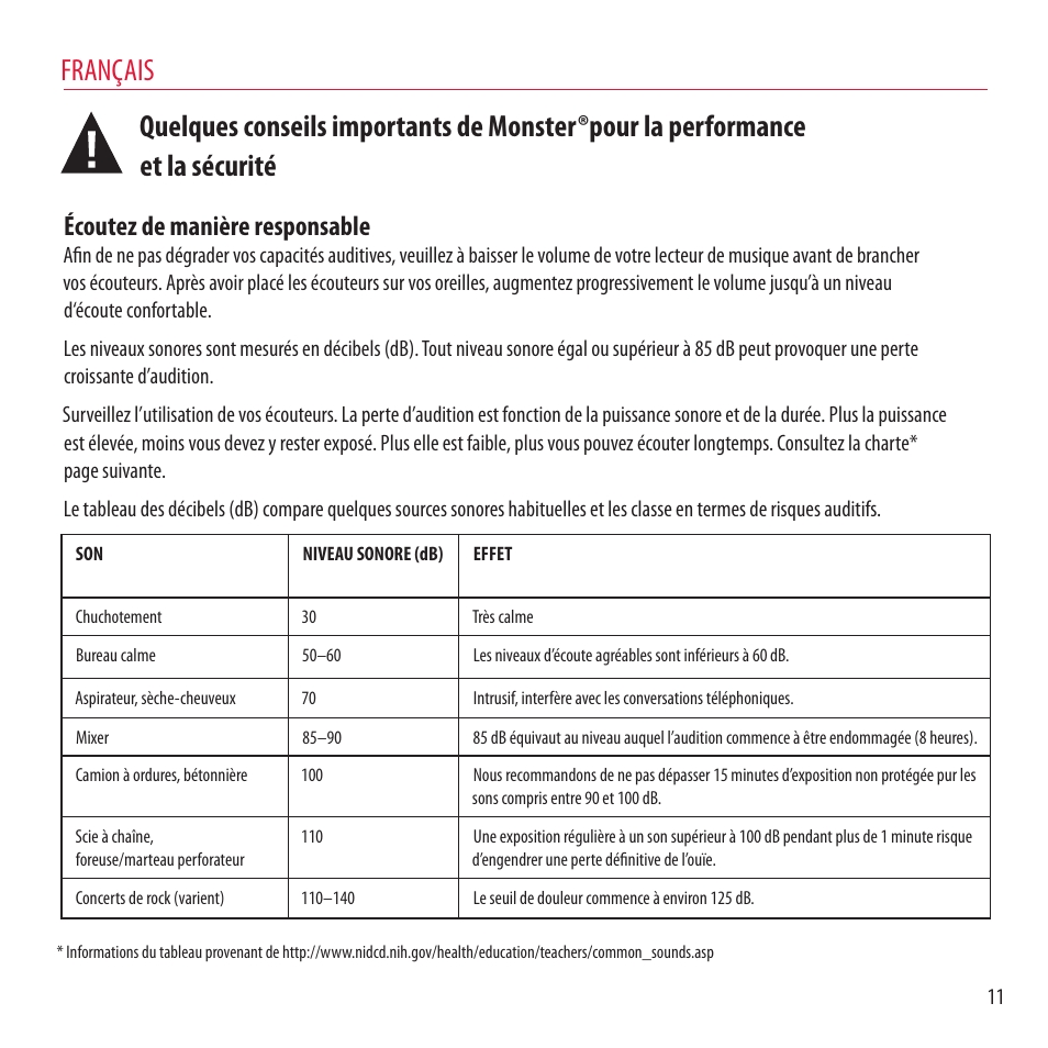 Écoutez de manière responsable | Monster NCredible NTune User Manual | Page 11 / 114
