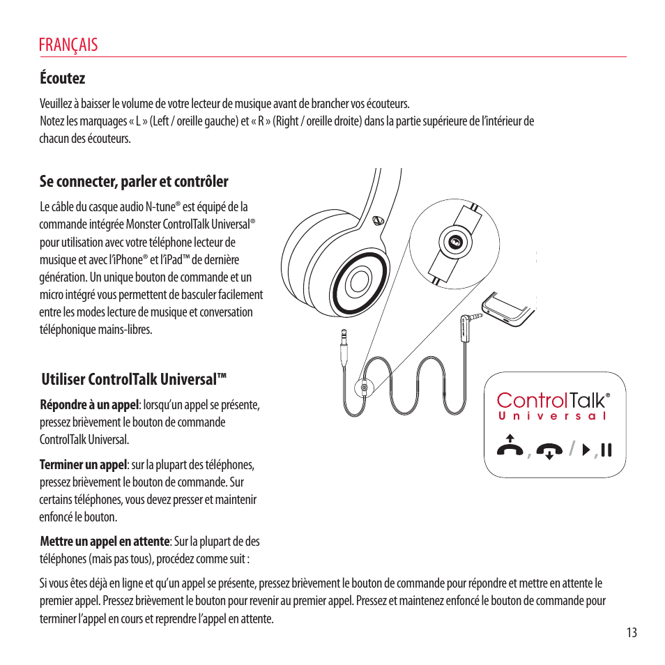 Français, Écoutez, Se connecter, parler et contrôler | Utiliser controltalk universal | Monster NCredible NTune User Manual | Page 13 / 114