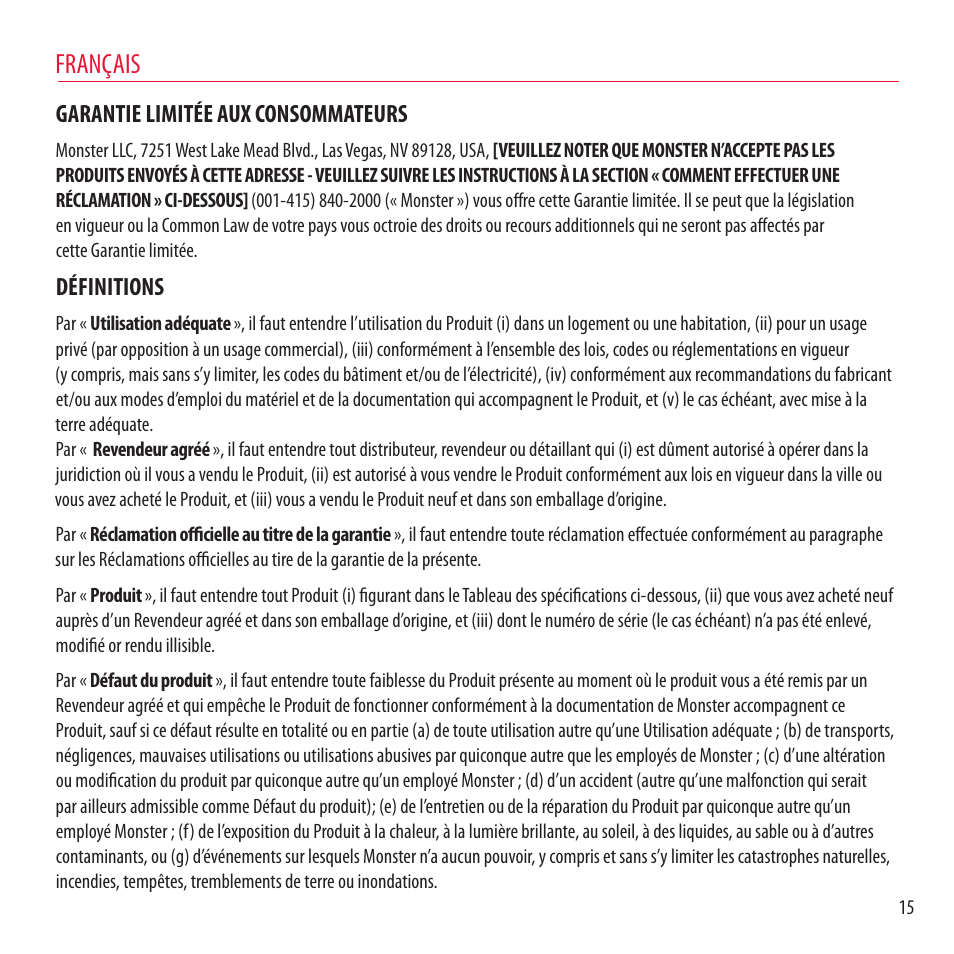 Français, Garantie limitée aux consommateurs, Définitions | Monster NCredible NTune User Manual | Page 15 / 114