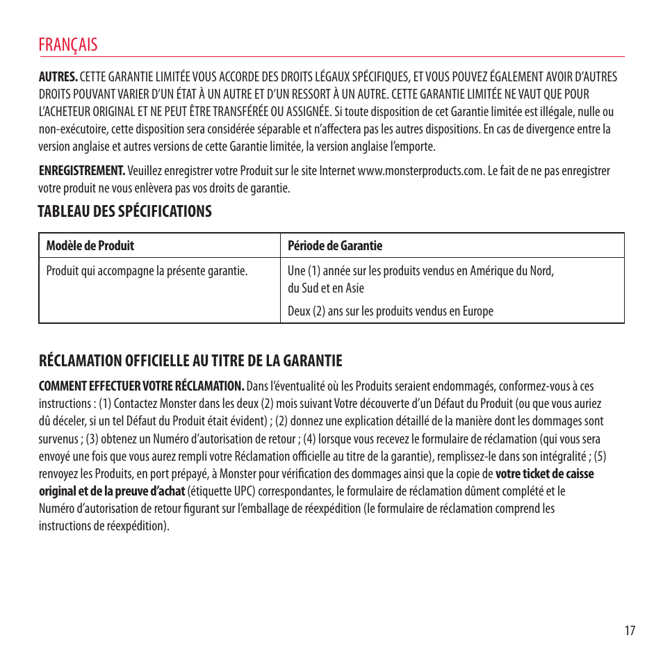 Français, Tableau des spécifications, Réclamation officielle au titre de la garantie | Monster NCredible NTune User Manual | Page 17 / 114