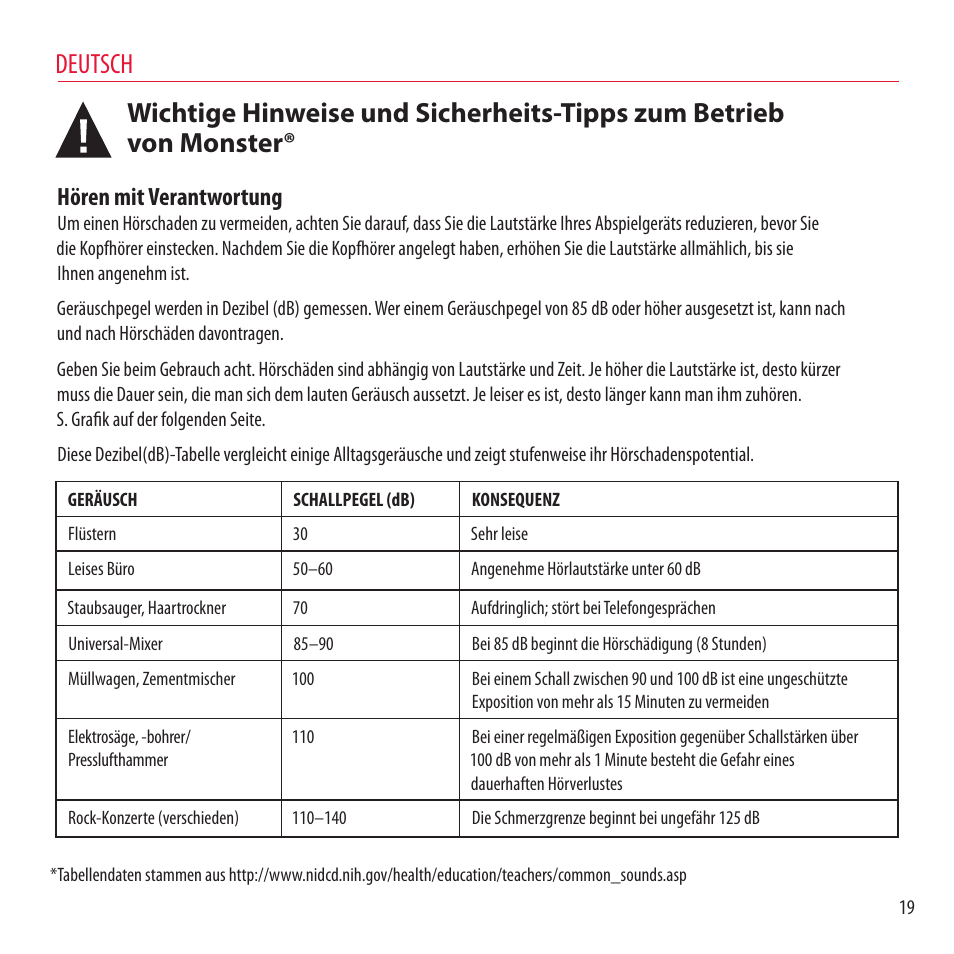 Deutsch, Hören mit verantwortung | Monster NCredible NTune User Manual | Page 19 / 114