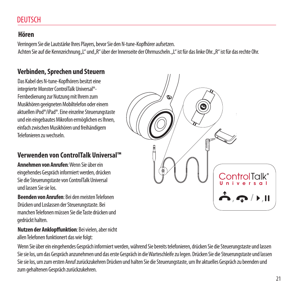 Deutsch, Hören, Verbinden, sprechen und steuern | Verwenden von controltalk universal | Monster NCredible NTune User Manual | Page 21 / 114
