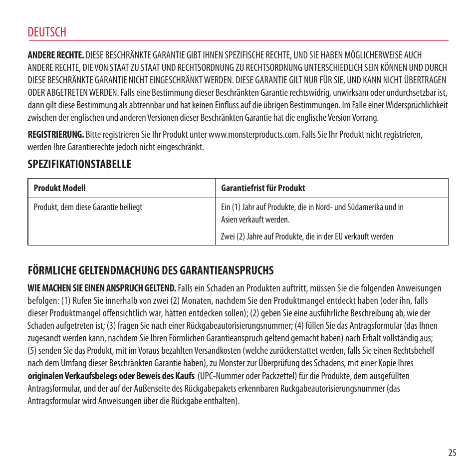 Deutsch, Spezifikationstabelle, Förmliche geltendmachung des garantieanspruchs | Monster NCredible NTune User Manual | Page 25 / 114