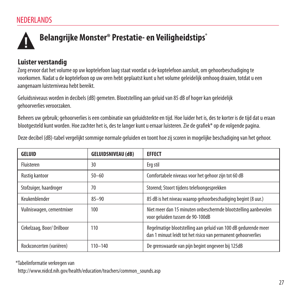 Belangrijke monster® prestatie- en veiligheidstips, Nederlands, Luister verstandig | Monster NCredible NTune User Manual | Page 27 / 114