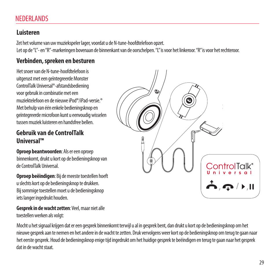 Nederlands, Luisteren, Verbinden, spreken en besturen | Gebruik van de controltalk universal | Monster NCredible NTune User Manual | Page 29 / 114