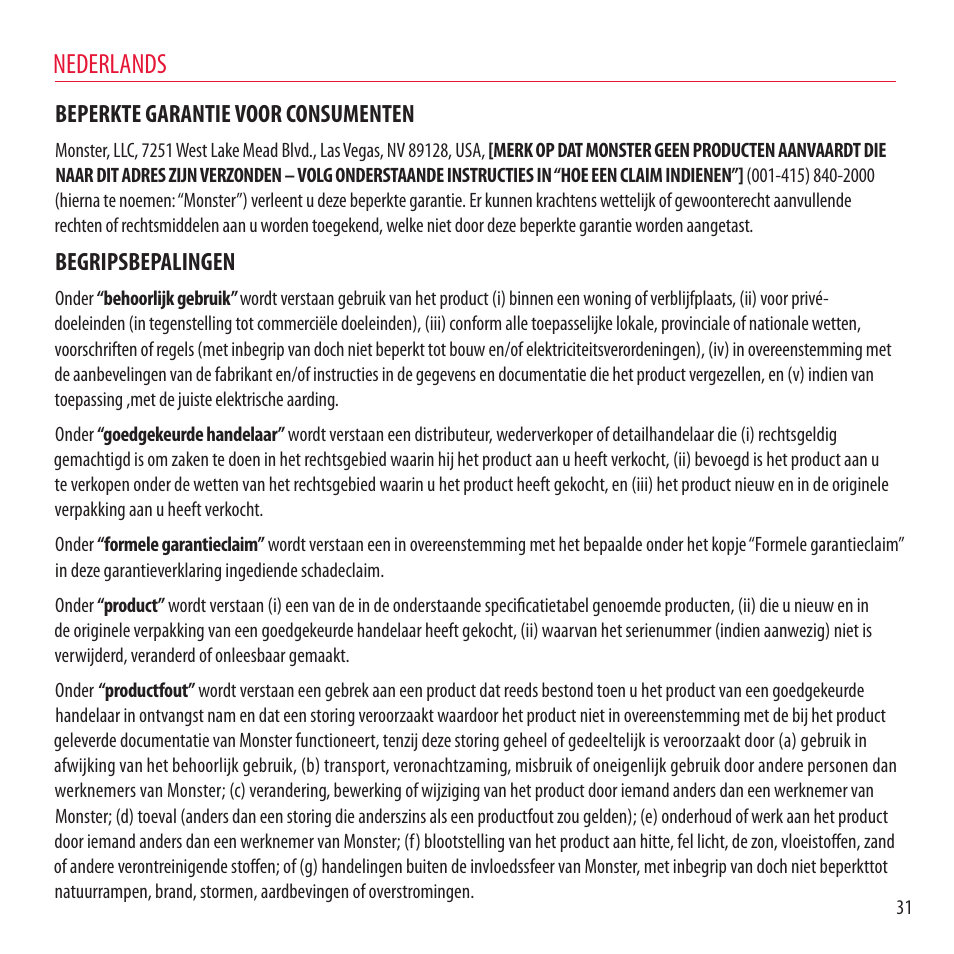 Nederlands, Beperkte garantie voor consumenten, Begripsbepalingen | Monster NCredible NTune User Manual | Page 31 / 114