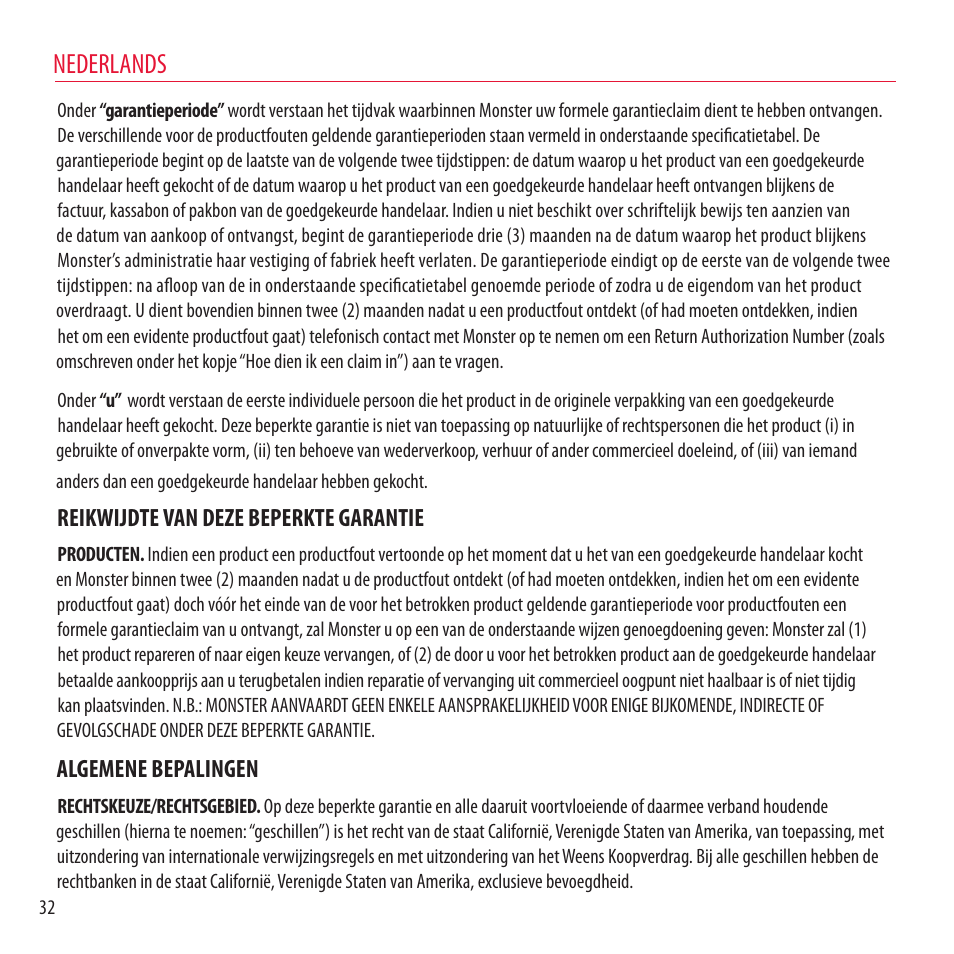 Nederlands, Reikwijdte van deze beperkte garantie, Algemene bepalingen | Monster NCredible NTune User Manual | Page 32 / 114