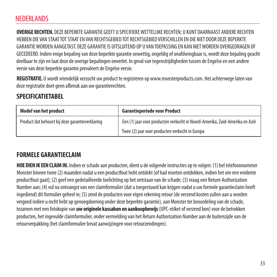 Nederlands, Specificatietabel, Formele garantieclaim | Monster NCredible NTune User Manual | Page 33 / 114