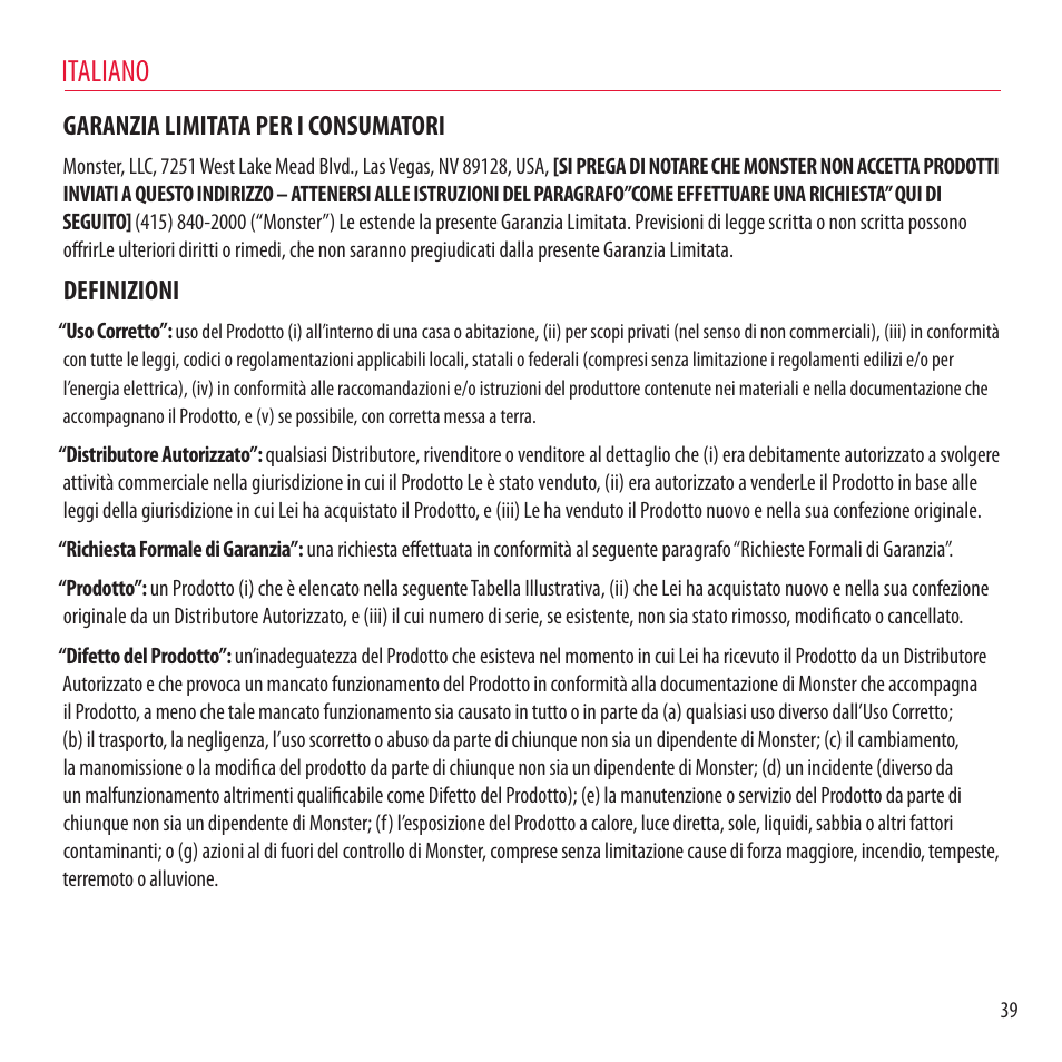 Italiano, Garanzia limitata per i consumatori, Definizioni | Monster NCredible NTune User Manual | Page 39 / 114