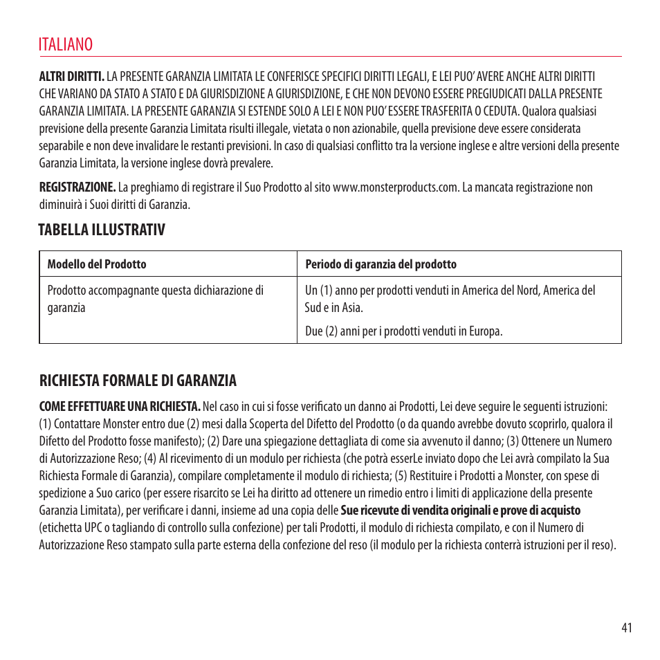 Italiano, Tabella illustrativ, Richiesta formale di garanzia | Monster NCredible NTune User Manual | Page 41 / 114