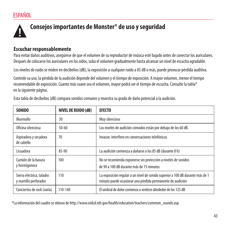 Español, Escuchar responsablemente | Monster NCredible NTune User Manual | Page 43 / 114