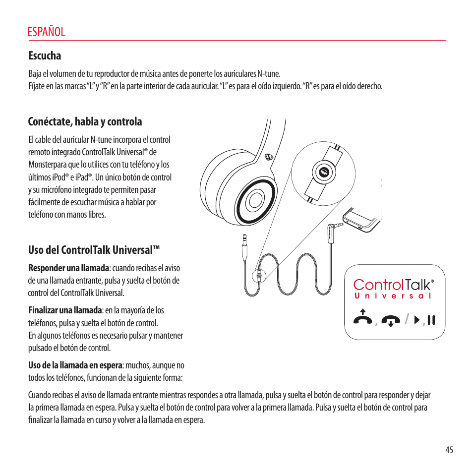 Español, Escucha, Conéctate, habla y controla | Uso del controltalk universal | Monster NCredible NTune User Manual | Page 45 / 114