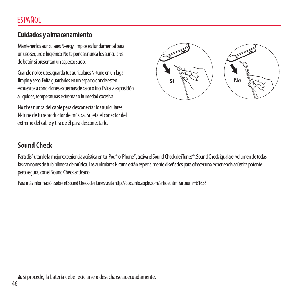 Español, Cuidados y almacenamiento, Sound check | Monster NCredible NTune User Manual | Page 46 / 114