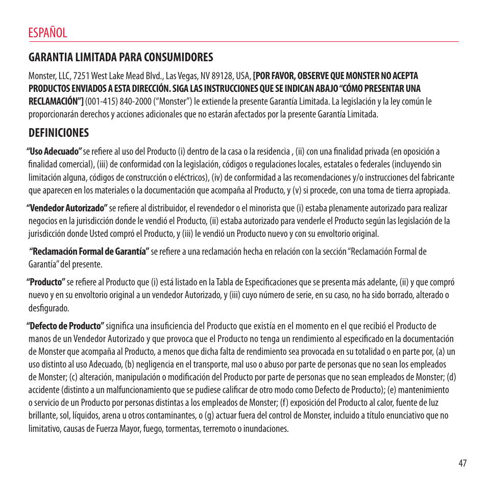 Español, Garantia limitada para consumidores, Definiciones | Monster NCredible NTune User Manual | Page 47 / 114