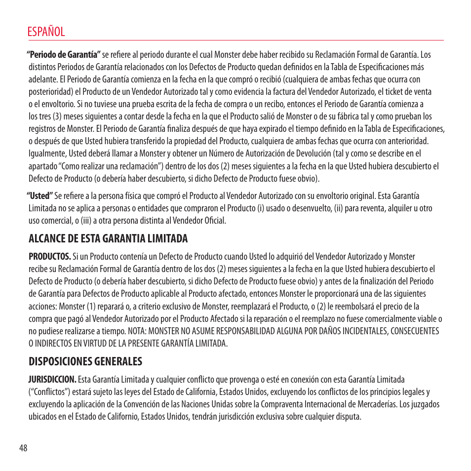 Español, Alcance de esta garantia limitada, Disposiciones generales | Monster NCredible NTune User Manual | Page 48 / 114