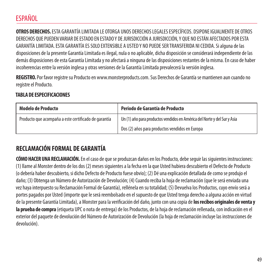 Español, Reclamación formal de garantía | Monster NCredible NTune User Manual | Page 49 / 114