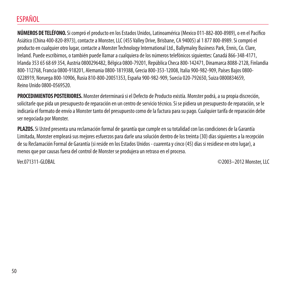 Español | Monster NCredible NTune User Manual | Page 50 / 114