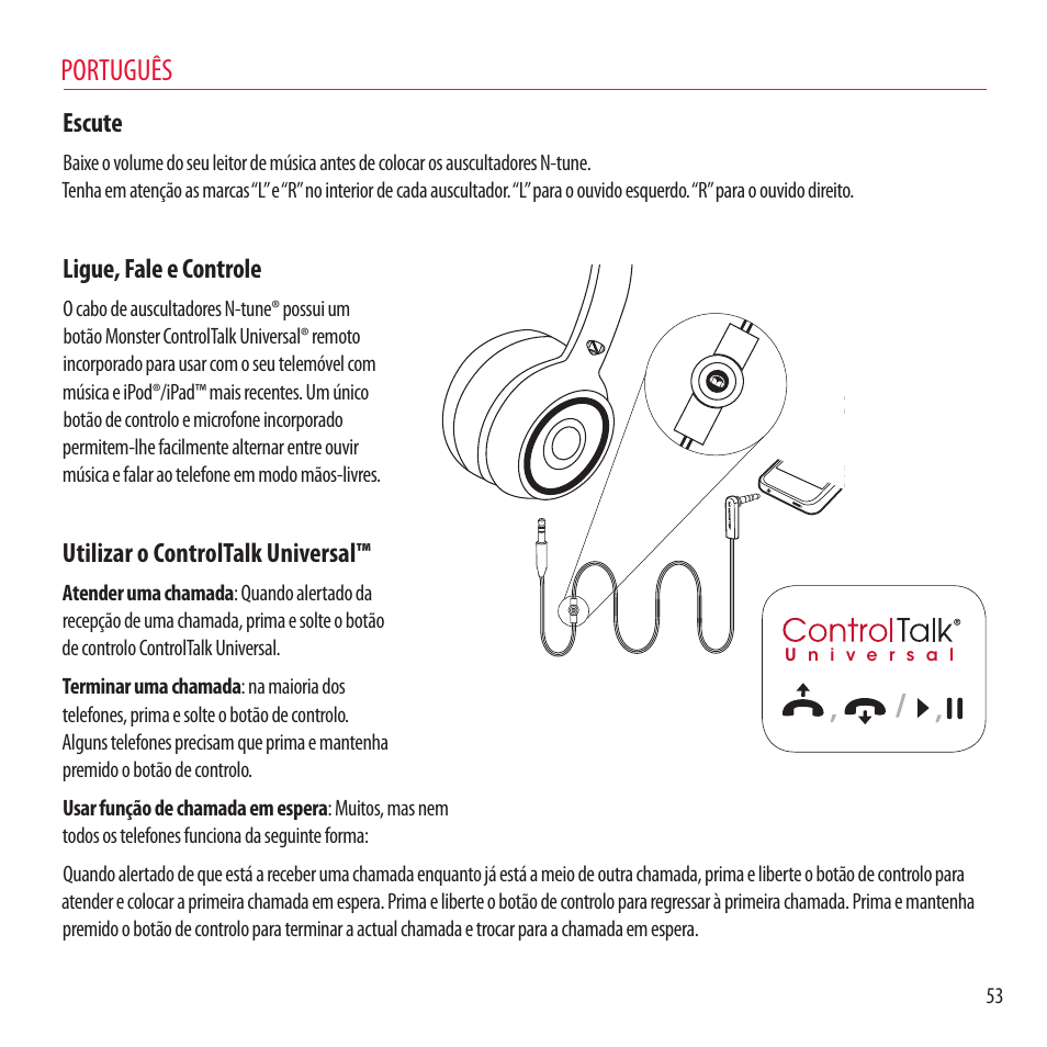 Português, Escute, Ligue, fale e controle | Utilizar o controltalk universal | Monster NCredible NTune User Manual | Page 53 / 114