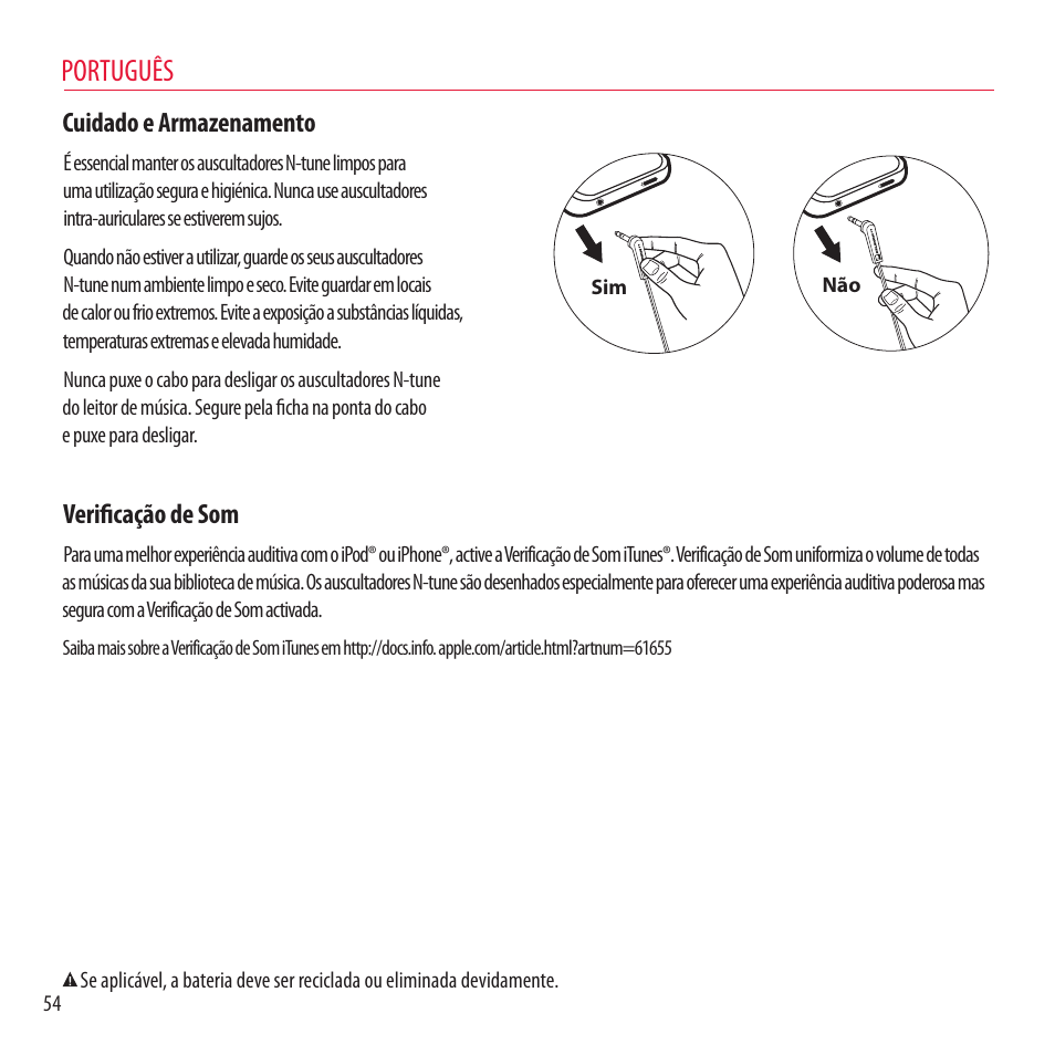 Português, Cuidado e armazenamento, Verificação de som | Monster NCredible NTune User Manual | Page 54 / 114