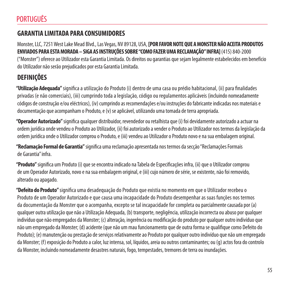 Português, Garantia limitada para consumidores, Definições | Monster NCredible NTune User Manual | Page 55 / 114