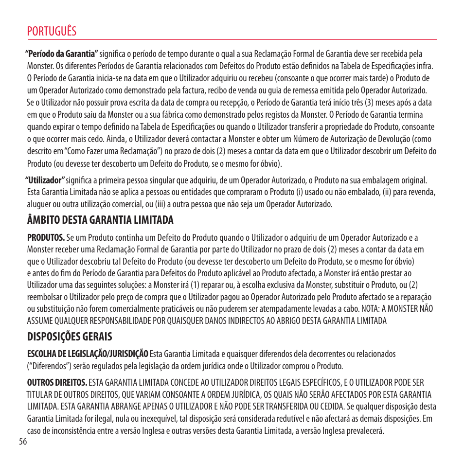 Português, Âmbito desta garantia limitada, Disposições gerais | Monster NCredible NTune User Manual | Page 56 / 114