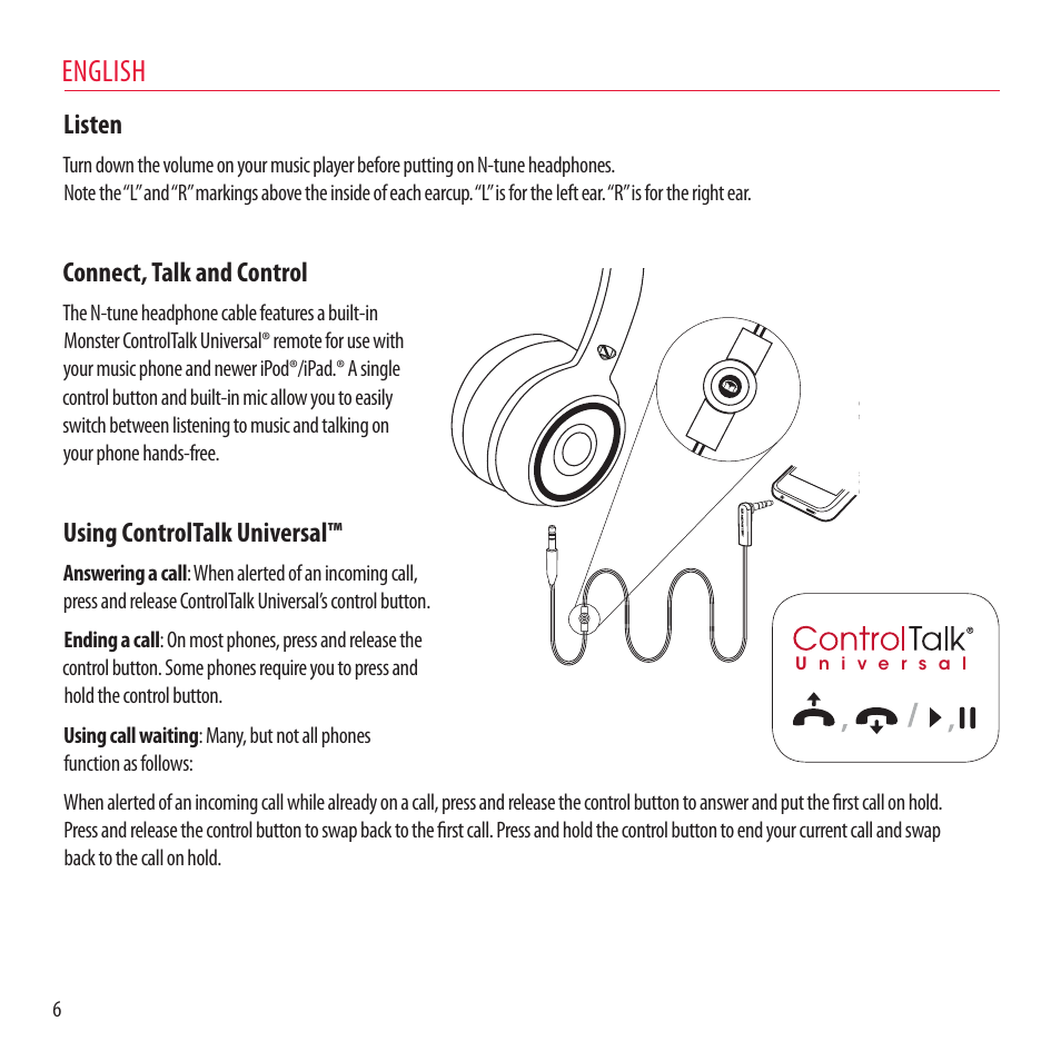 English, Listen, Connect, talk and control | Using controltalk universal | Monster NCredible NTune User Manual | Page 6 / 114