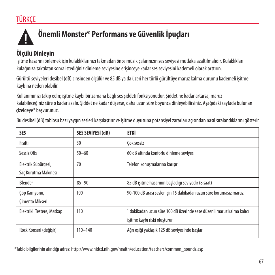 Önemli monster® performans ve güvenlik ipuçları, Türkçe, Ölçülü dinleyin | Monster NCredible NTune User Manual | Page 67 / 114