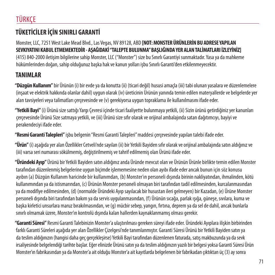 Türkçe, Tüketiciler için sinirli garanti, Tanimlar | Monster NCredible NTune User Manual | Page 71 / 114