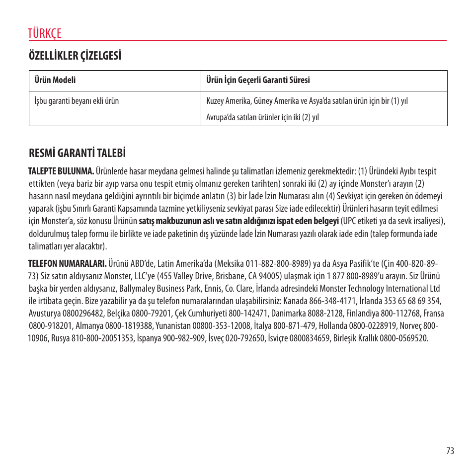Türkçe, Özellikler çizelgesi, Resmi garanti talebi | Monster NCredible NTune User Manual | Page 73 / 114