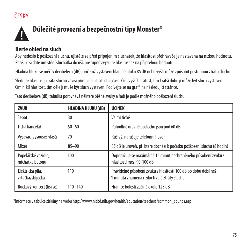 Důležité provozní a bezpečnostní tipy monster, Česky, Berte ohled na sluch | Monster NCredible NTune User Manual | Page 75 / 114