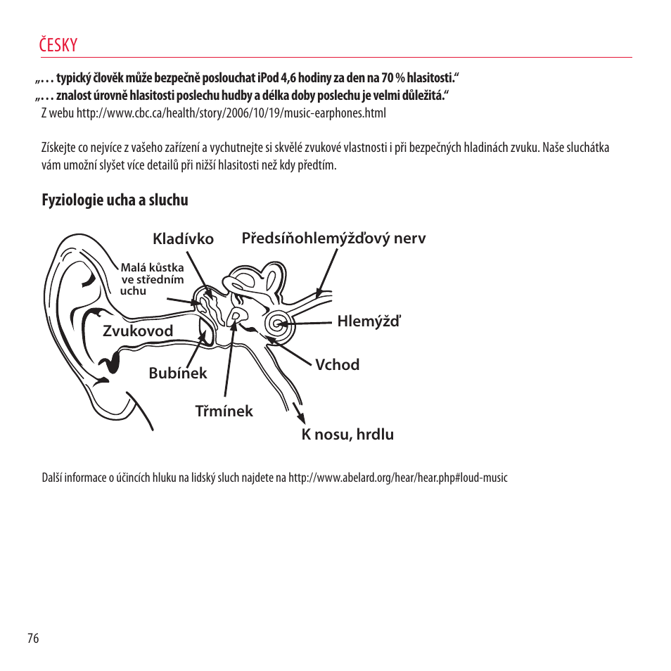 Česky, Fyziologie ucha a sluchu | Monster NCredible NTune User Manual | Page 76 / 114