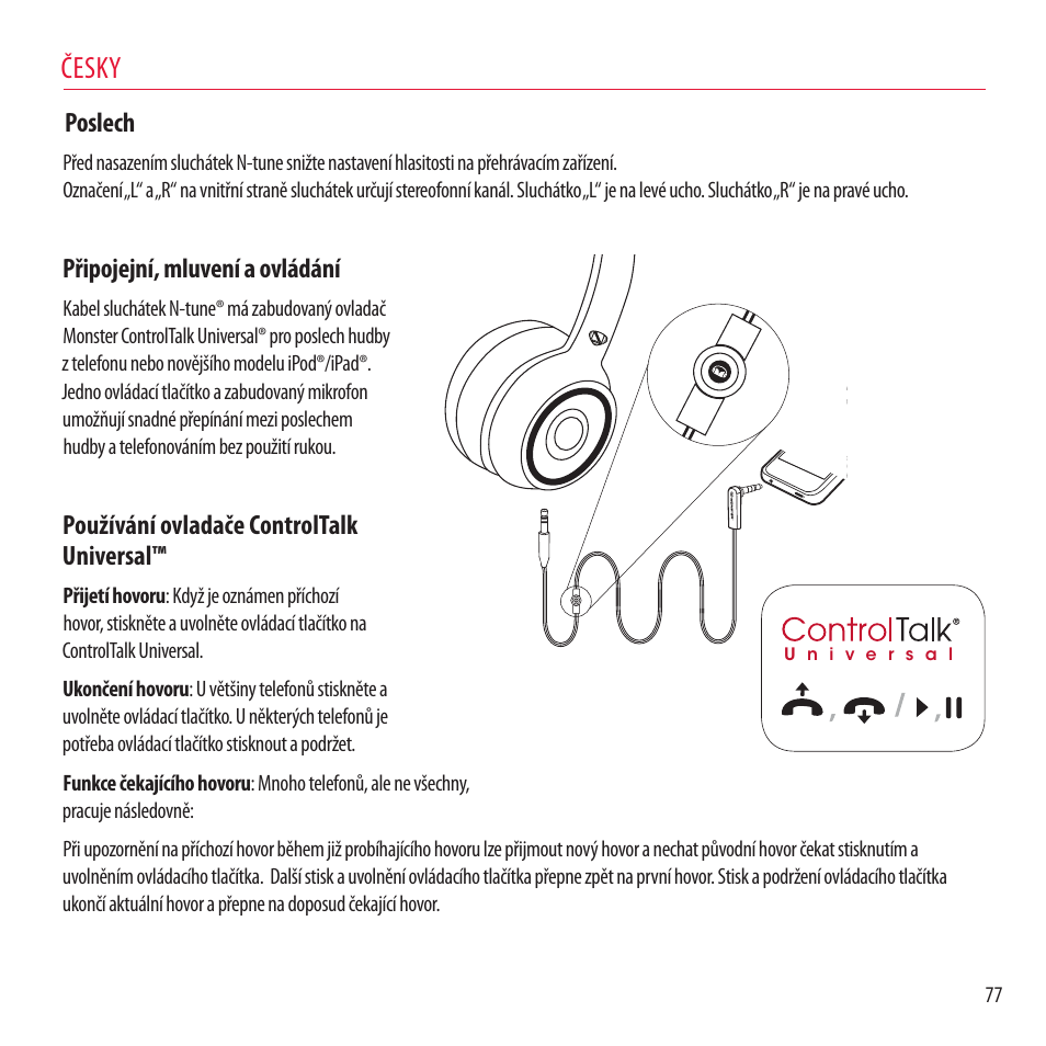 Česky, Poslech, Připojejní, mluvení a ovládání | Používání ovladače controltalk universal | Monster NCredible NTune User Manual | Page 77 / 114