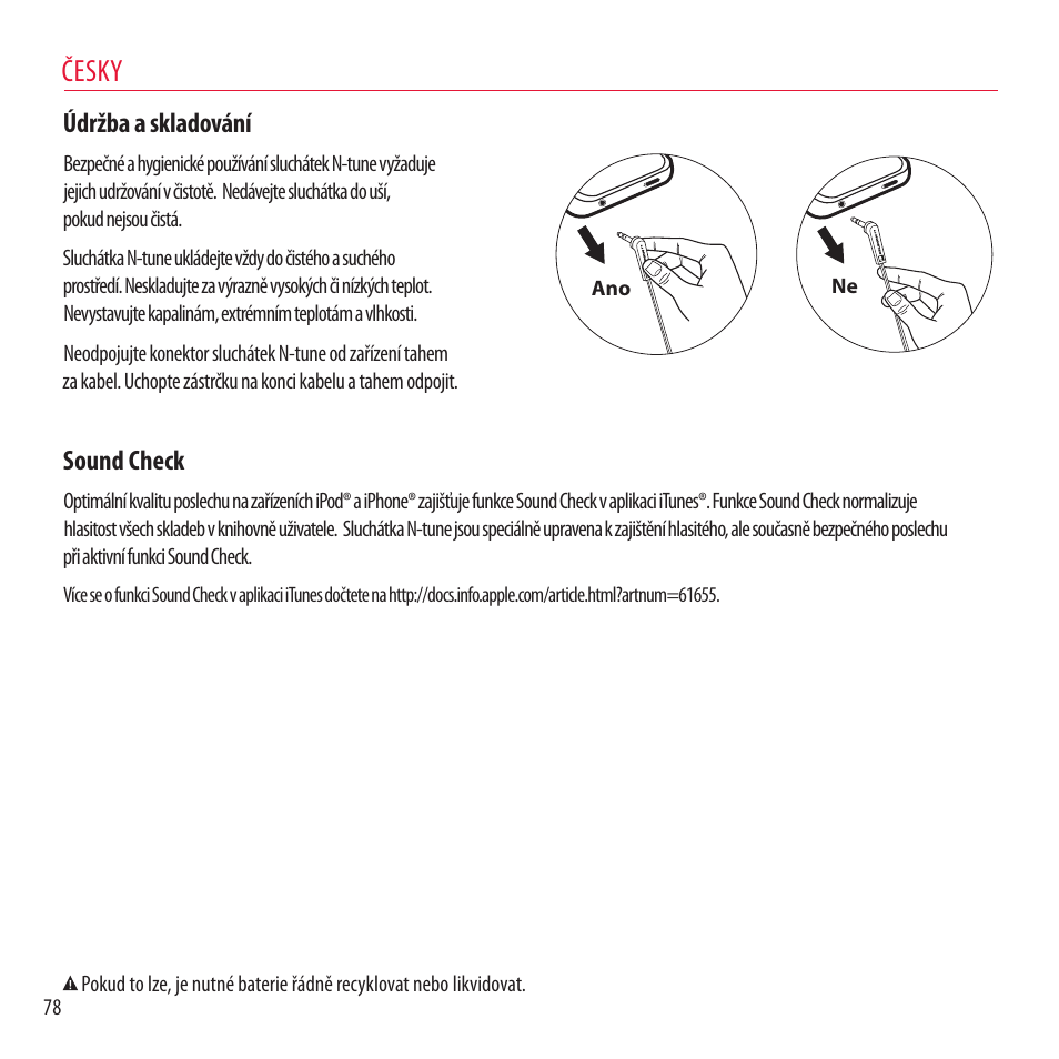 Česky, Údržba a skladování, Sound check | Monster NCredible NTune User Manual | Page 78 / 114