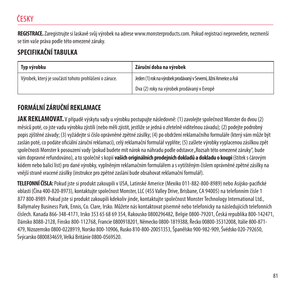Česky, Specifikační tabulka, Formální záruční reklamace jak reklamovat | Monster NCredible NTune User Manual | Page 81 / 114