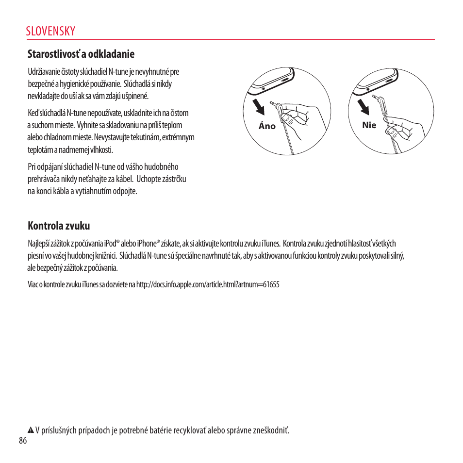 Slovensky, Starostlivosť a odkladanie, Kontrola zvuku | Monster NCredible NTune User Manual | Page 86 / 114