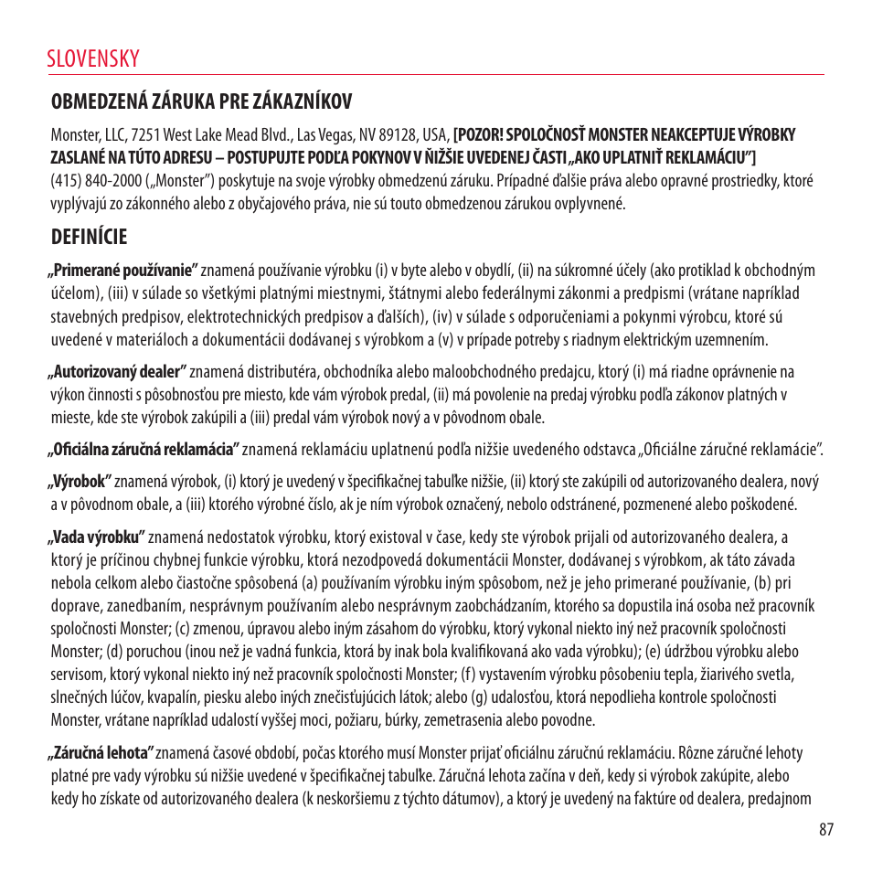 Slovensky, Obmedzená záruka pre zákazníkov, Definície | Monster NCredible NTune User Manual | Page 87 / 114