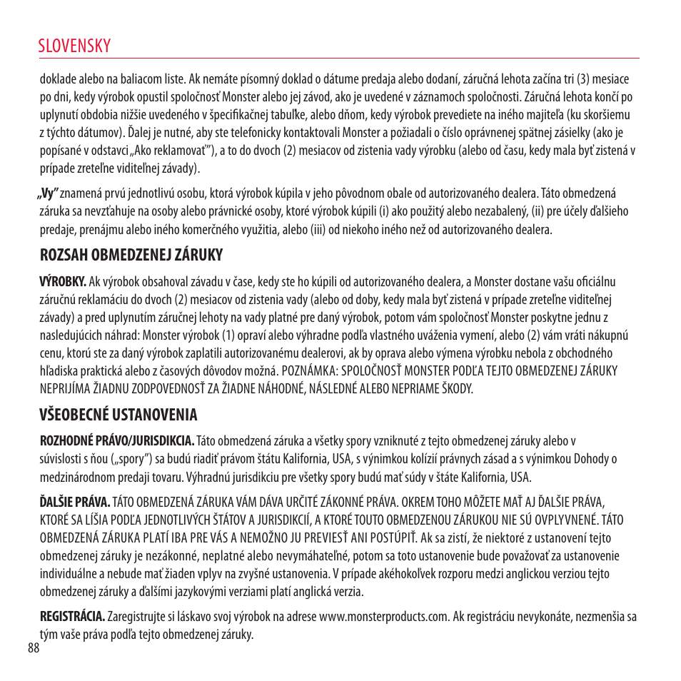 Slovensky, Rozsah obmedzenej záruky, Všeobecné ustanovenia | Monster NCredible NTune User Manual | Page 88 / 114