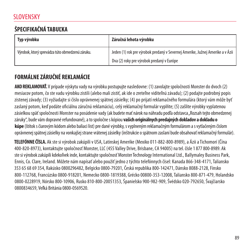 Slovensky, Špecifikačná tabuľka, Formálne záručné reklamácie | Monster NCredible NTune User Manual | Page 89 / 114