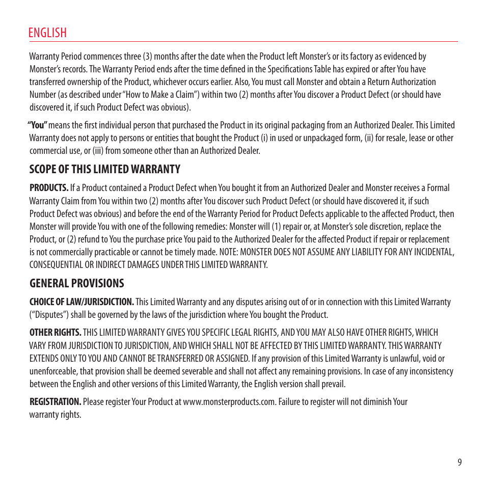 English, Scope of this limited warranty, General provisions | Monster NCredible NTune User Manual | Page 9 / 114
