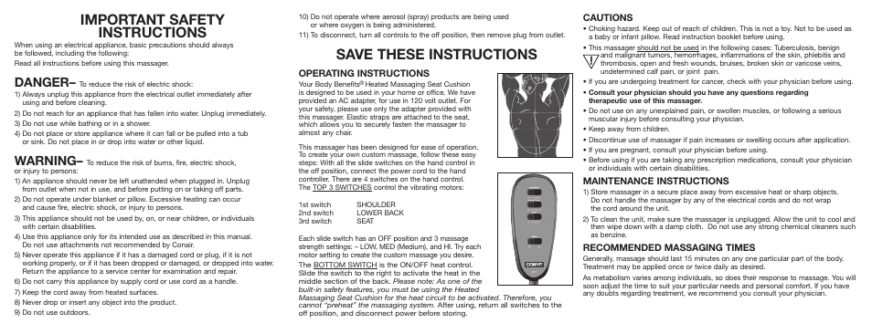 Conair Body Benefits Heated Massaging Seat Cushion BM1RL User Manual | 2 pages