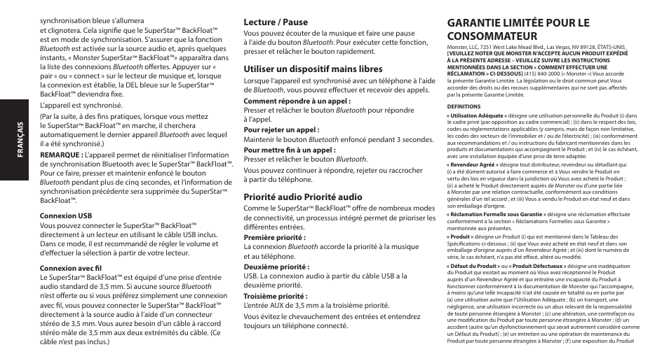 Garantie limitée pour le consommateur | Monster SuperStar BackFloat Waterproof Bluetooth Speaker User Manual | Page 10 / 56