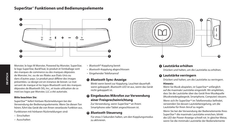 Superstar, Funktionen und bedienungselemente | Monster SuperStar BackFloat Waterproof Bluetooth Speaker User Manual | Page 12 / 56
