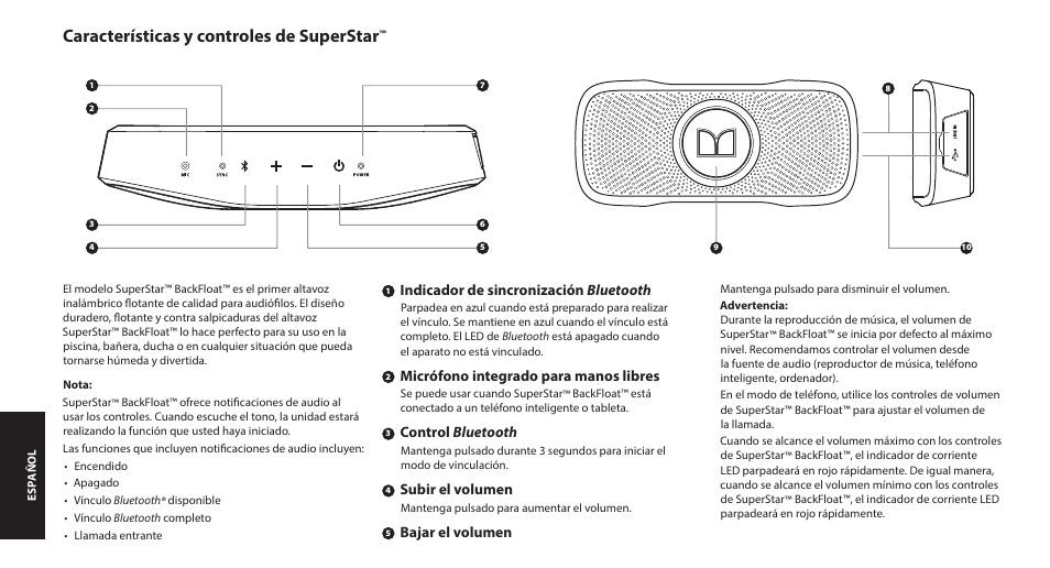 Características y controles de superstar | Monster SuperStar BackFloat Waterproof Bluetooth Speaker User Manual | Page 18 / 56