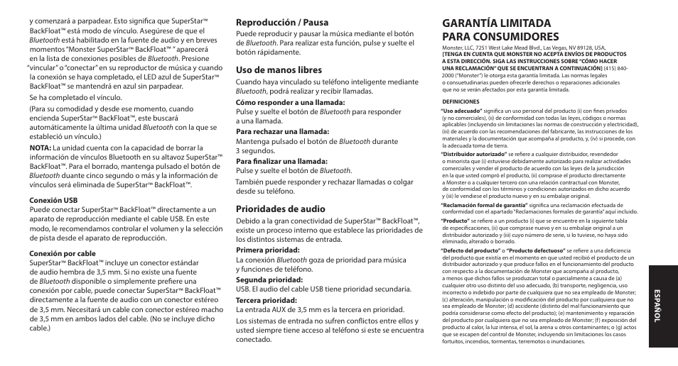 Garantía limitada para consumidores | Monster SuperStar BackFloat Waterproof Bluetooth Speaker User Manual | Page 21 / 56