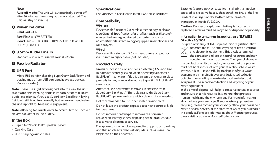 Monster SuperStar BackFloat Waterproof Bluetooth Speaker User Manual | Page 3 / 56